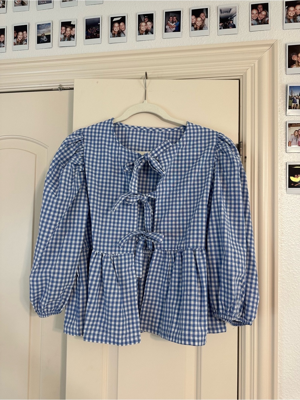 Blue Gingham Tie-Front Peplum Blouse